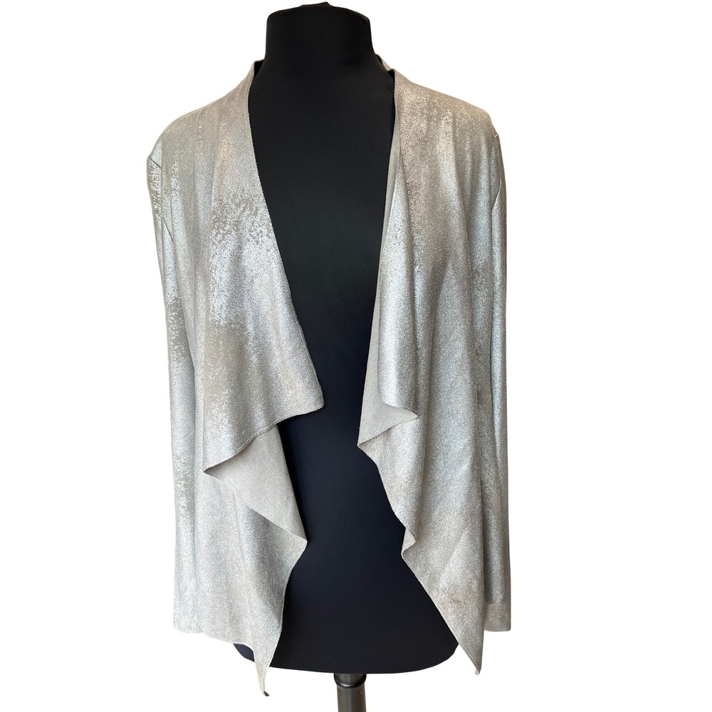 Dolce Cabo Silver Metallic Draped Open Front Cardigan Jacket Small 71521